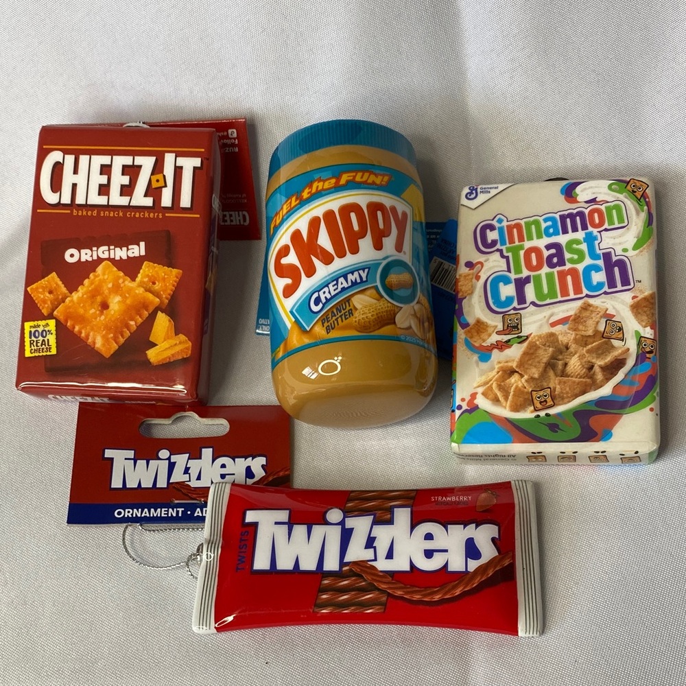 4 novelty food ornaments peanut butter, Cheez-It twizzlers Cinnamon Toast Crunch